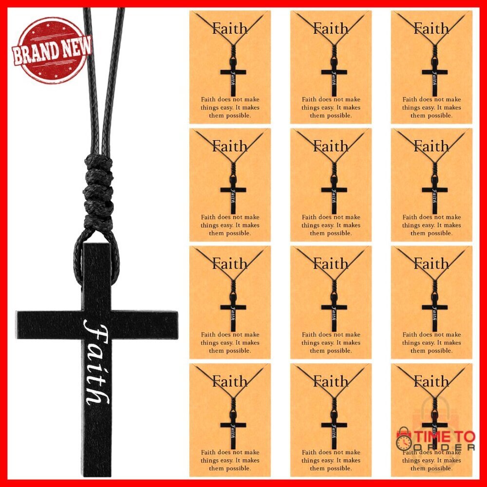 Wooden Cross Necklace Set with Inspirational Cards - 24 Pack